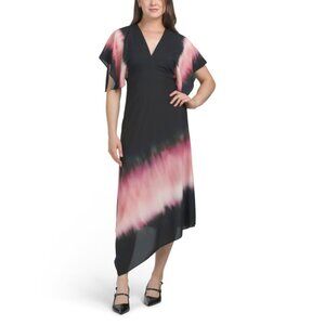 LUXELY Black/Pink V-neck Midi Dress With Asymmetrical Hem